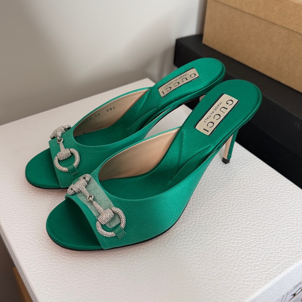 Gucci Emerald Satin Mules with Silver Detailing